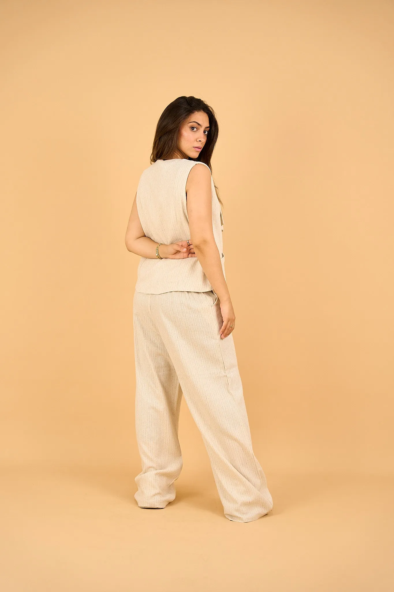 LUNA - Wide Leg Linen Pants - Striped Beige