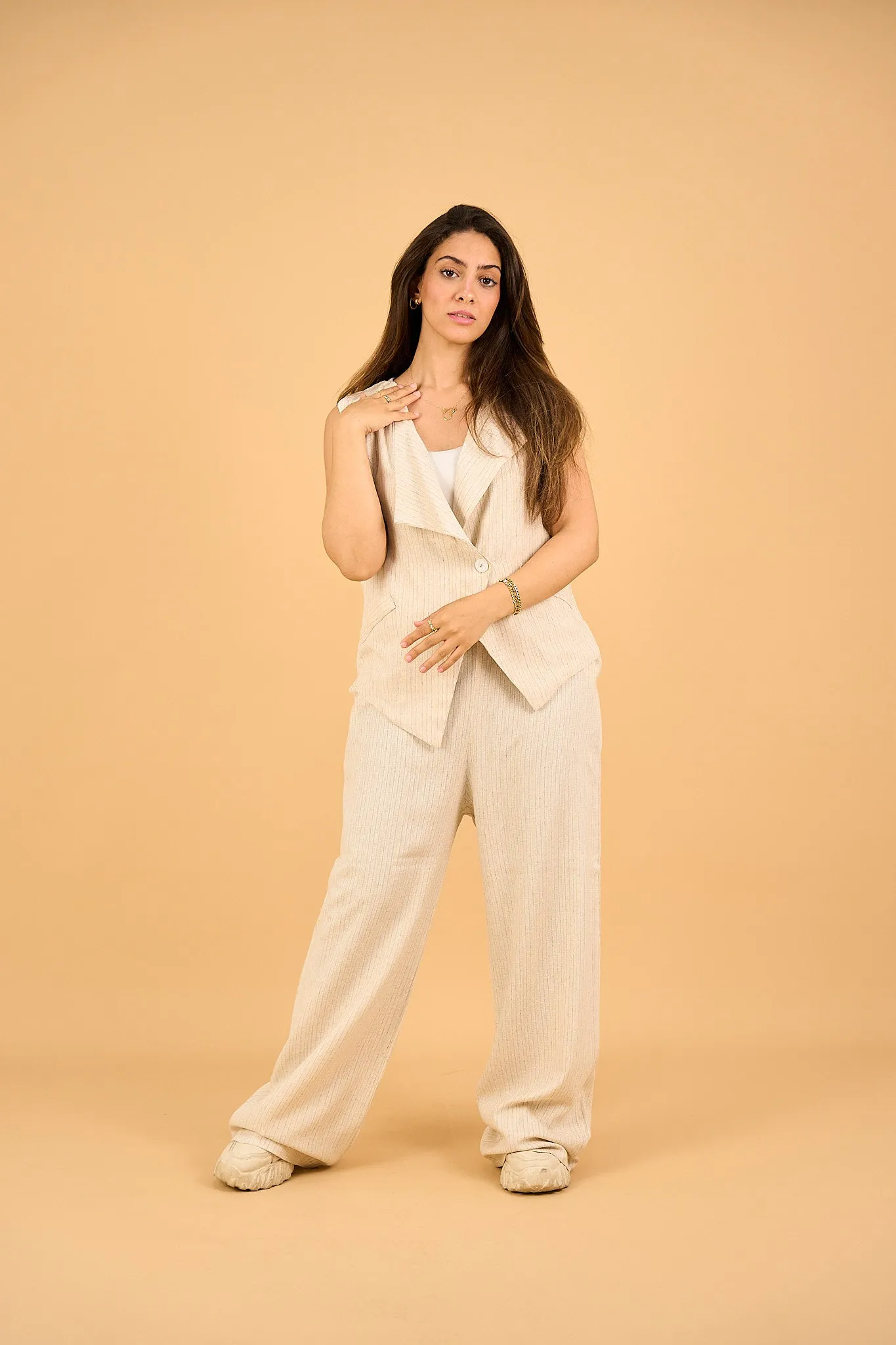 LUNA - Wide Leg Linen Pants - Striped Beige