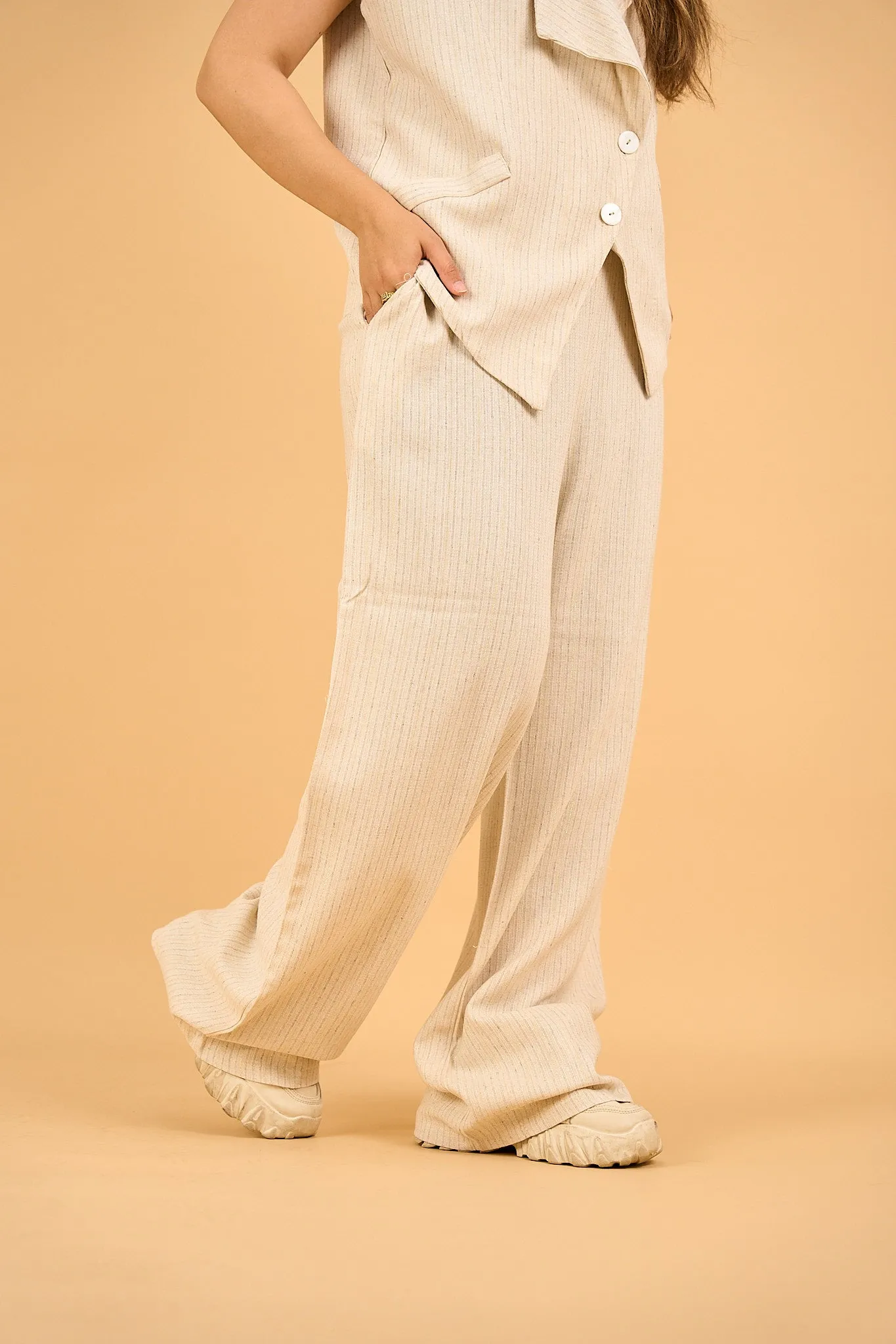 LUNA - Wide Leg Linen Pants - Striped Beige