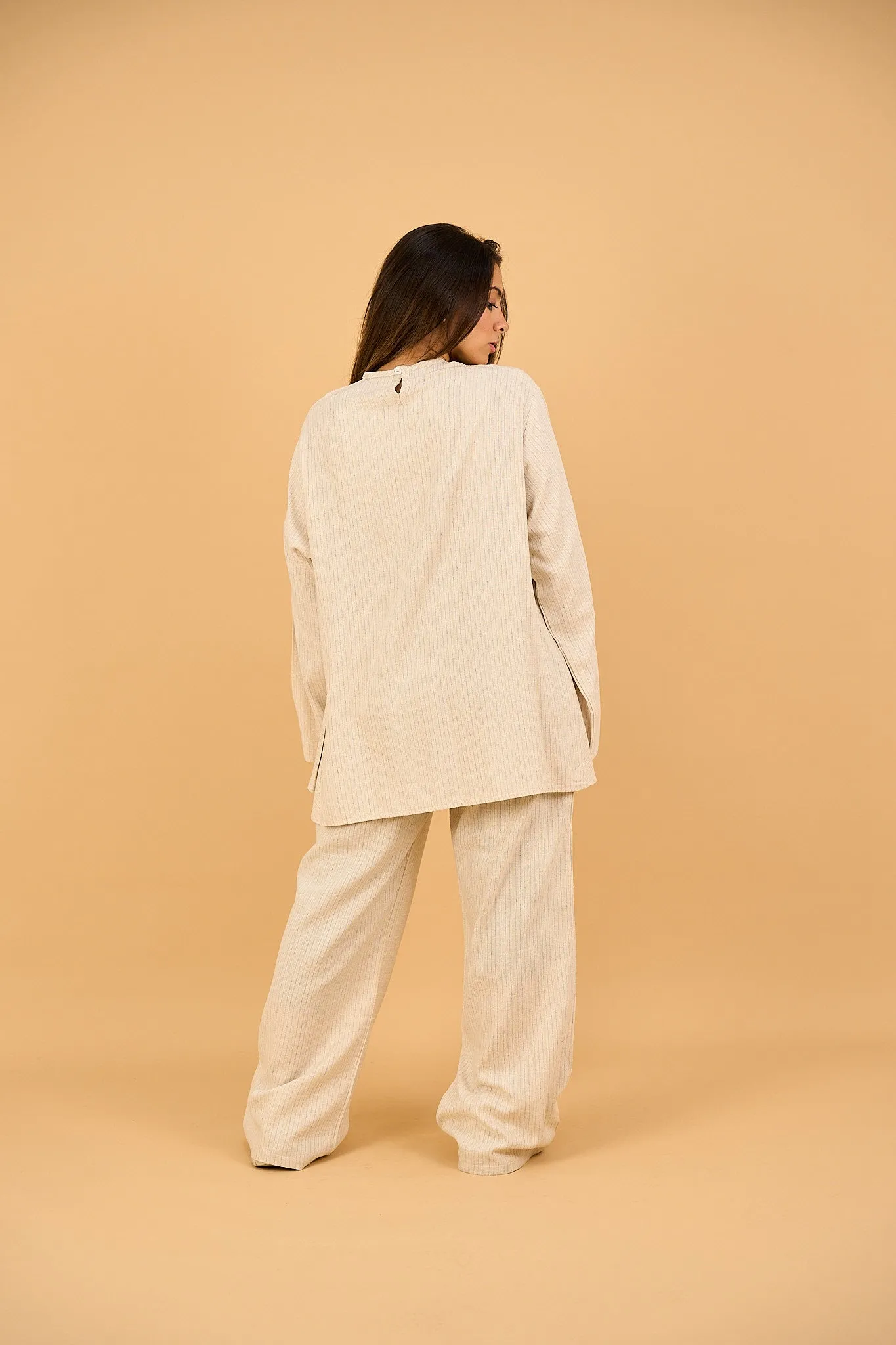 LUNA - Wide Leg Linen Pants - Striped Beige