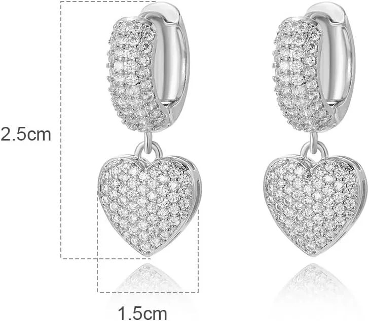 Luxury CZ Heart Love Dangle Hoop Earrings for Women Dainty 14K Gold Plated Crystal Love Heart Huggie Hoops Earring Trendy Delicate Hypoallergenic Jewelry Birthday Gift Hear