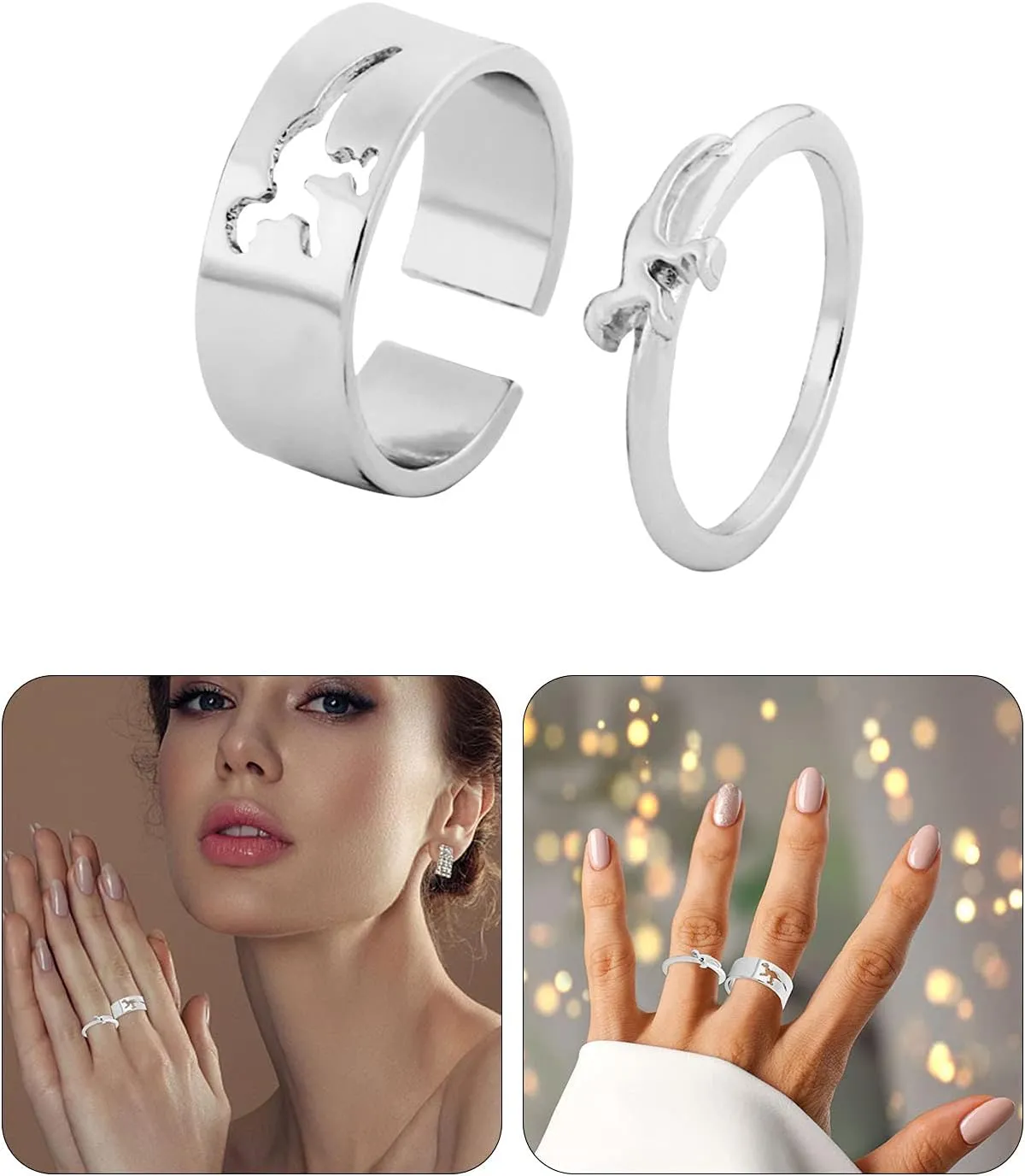 ManRiver Hollow Out Dinosaur Rings for Women Men - 2PCS Splice Open Adjustable Couples Rings Jewelry Gifts Accessory