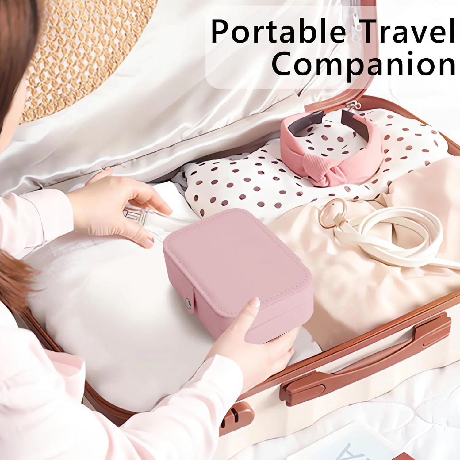 MAYCARI Portable Mini Jewelry Box for Girls Rectangle Pu Leather Travel Jewelry Case for Pendant, Earring, Necklace, Ring Jewelry Gift Storage Organizer for Women (Pink)