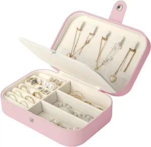 MAYCARI Portable Mini Jewelry Box for Girls Rectangle Pu Leather Travel Jewelry Case for Pendant, Earring, Necklace, Ring Jewelry Gift Storage Organizer for Women (Pink)