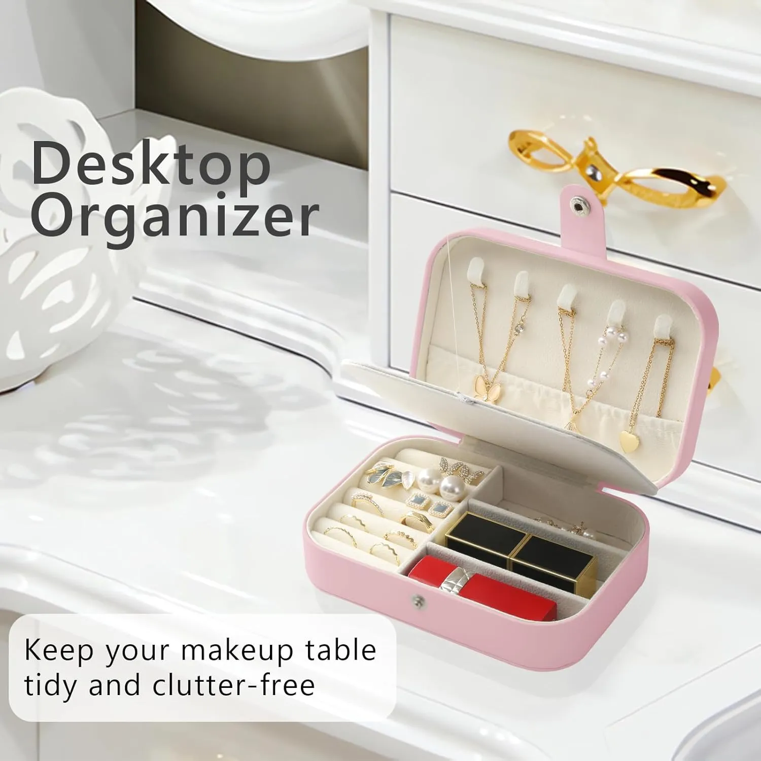 MAYCARI Portable Mini Jewelry Box for Girls Rectangle Pu Leather Travel Jewelry Case for Pendant, Earring, Necklace, Ring Jewelry Gift Storage Organizer for Women (Pink)