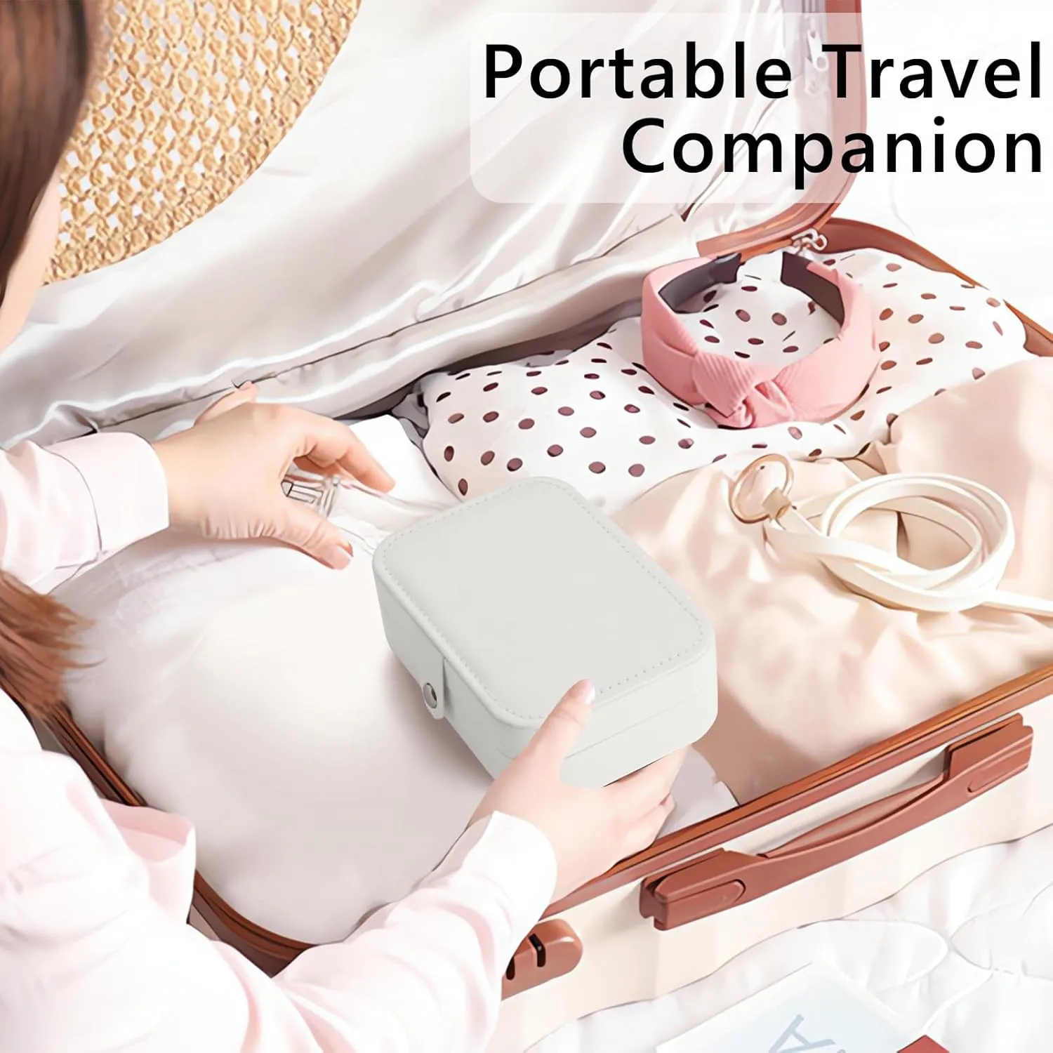 MAYCARI Portable Mini Jewelry Box for Girls Rectangle Pu Leather Travel Jewelry Case for Pendant, Earring, Necklace, Ring Jewelry Gift Storage Organizer for Women (White)
