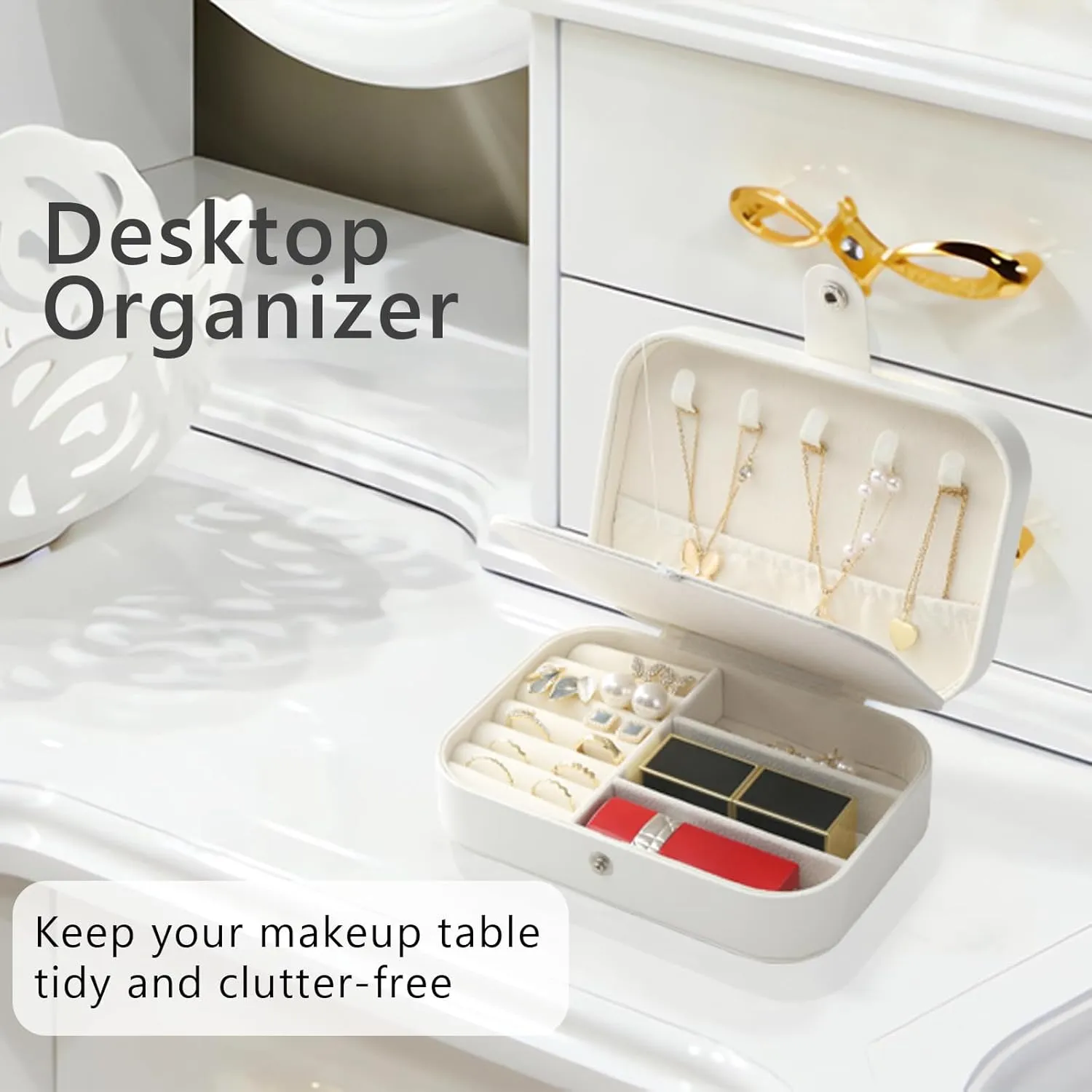 MAYCARI Portable Mini Jewelry Box for Girls Rectangle Pu Leather Travel Jewelry Case for Pendant, Earring, Necklace, Ring Jewelry Gift Storage Organizer for Women (White)