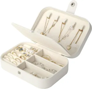 MAYCARI Portable Mini Jewelry Box for Girls Rectangle Pu Leather Travel Jewelry Case for Pendant, Earring, Necklace, Ring Jewelry Gift Storage Organizer for Women (White)