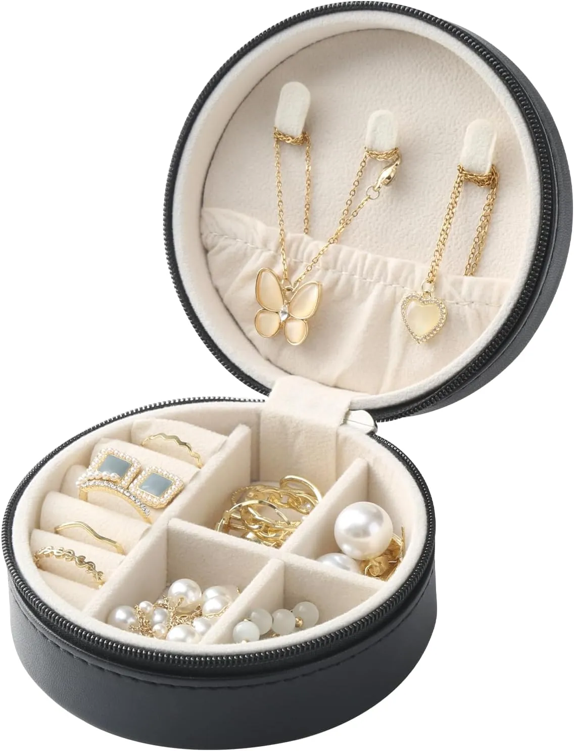 MAYCARI Portable Mini Jewelry Box for Girls Round Pu Leather Travel Jewelry Case for Pendant, Earring, Necklace, Ring Jewelry Gift Storage Organizer for Women (Black)
