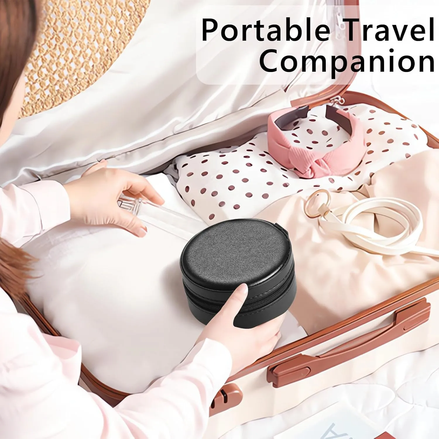 MAYCARI Portable Mini Jewelry Box for Girls Round Pu Leather Travel Jewelry Case for Pendant, Earring, Necklace, Ring Jewelry Gift Storage Organizer for Women (Black)