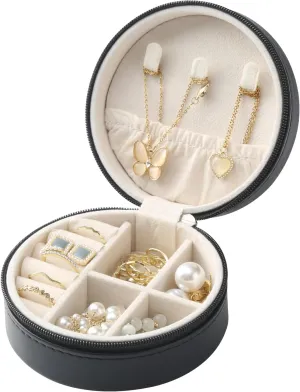 MAYCARI Portable Mini Jewelry Box for Girls Round Pu Leather Travel Jewelry Case for Pendant, Earring, Necklace, Ring Jewelry Gift Storage Organizer for Women (Black)