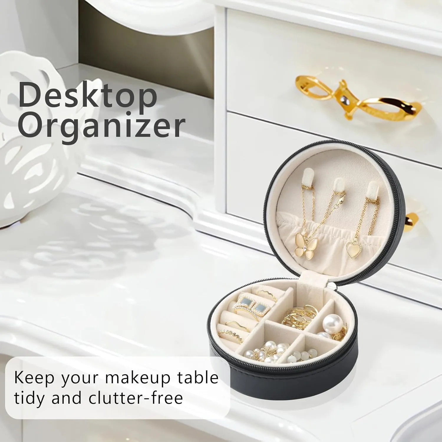 MAYCARI Portable Mini Jewelry Box for Girls Round Pu Leather Travel Jewelry Case for Pendant, Earring, Necklace, Ring Jewelry Gift Storage Organizer for Women (Black)