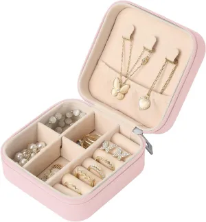 MAYCARI Portable Mini Jewelry Box for Girls Square Pu Leather Travel Jewelry Case for Pendant, Earring, Necklace, Ring Jewelry Gift Storage Organizer for Women (Pink)