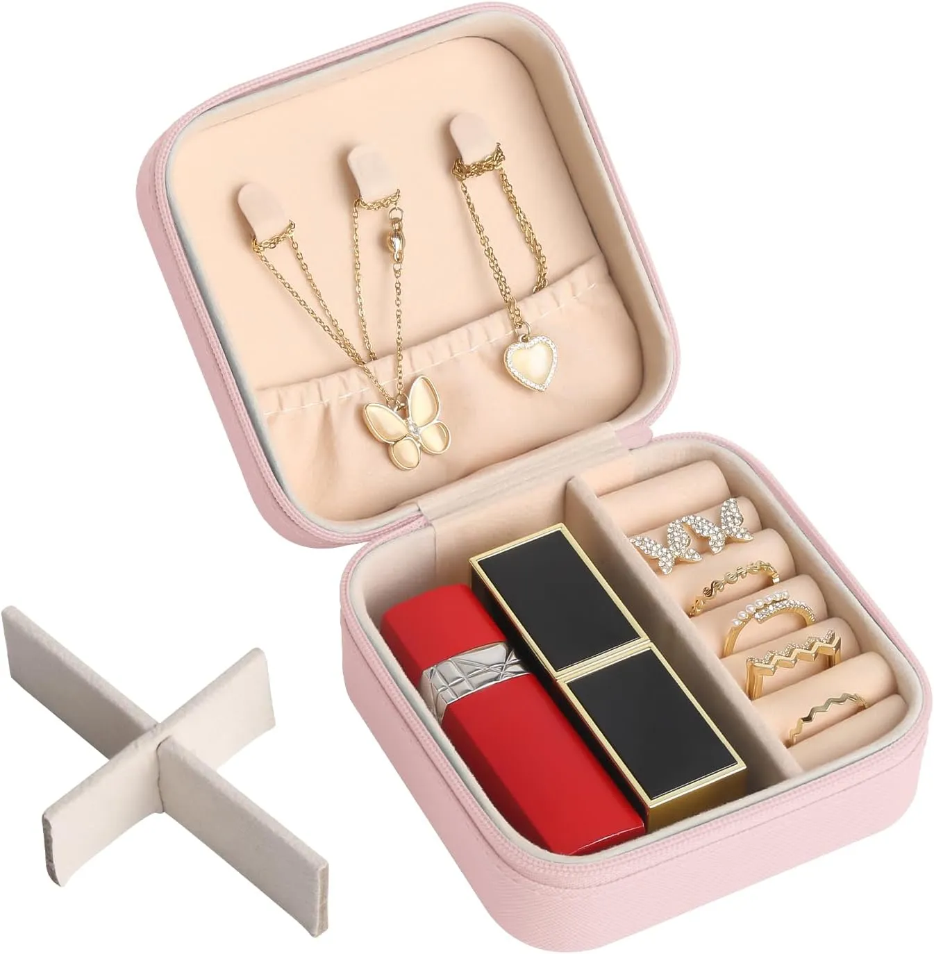 MAYCARI Portable Mini Jewelry Box for Girls Square Pu Leather Travel Jewelry Case for Pendant, Earring, Necklace, Ring Jewelry Gift Storage Organizer for Women (Pink)