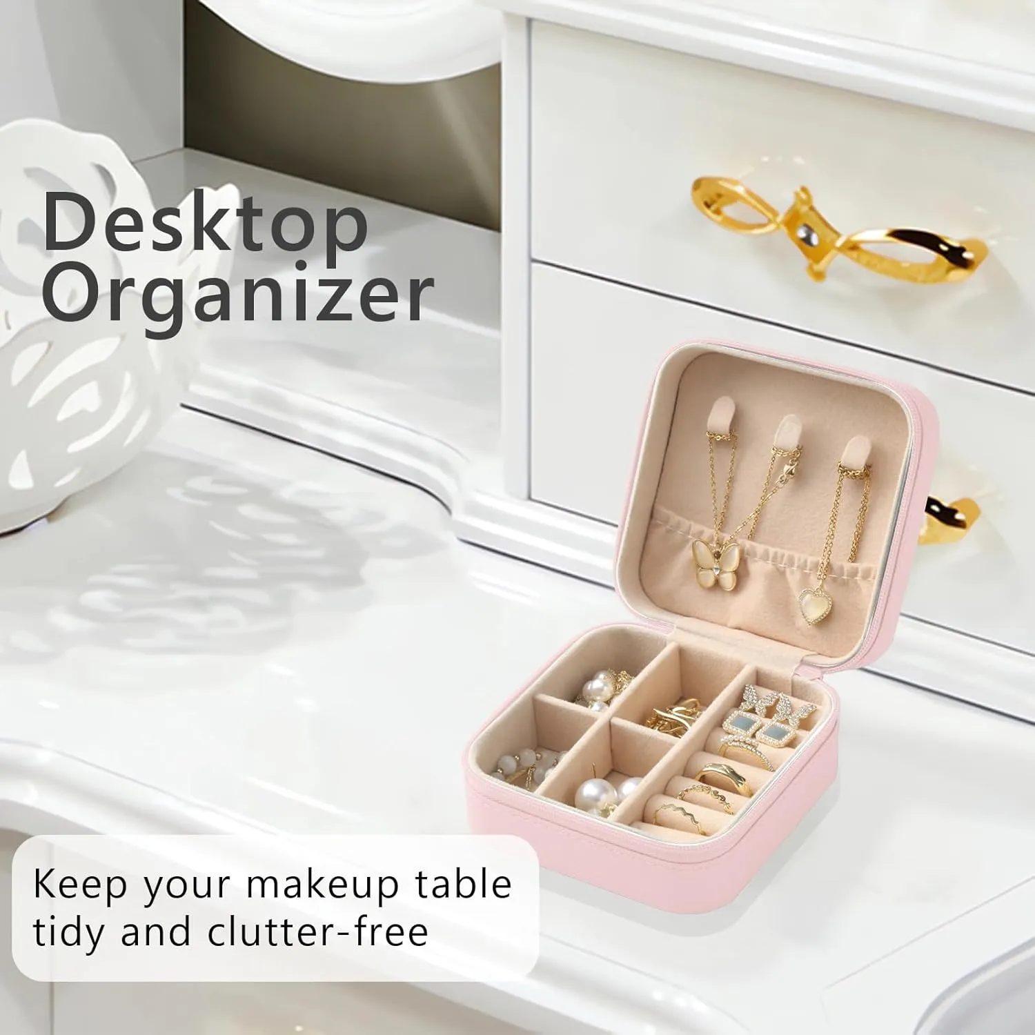 MAYCARI Portable Mini Jewelry Box for Girls Square Pu Leather Travel Jewelry Case for Pendant, Earring, Necklace, Ring Jewelry Gift Storage Organizer for Women (Pink)