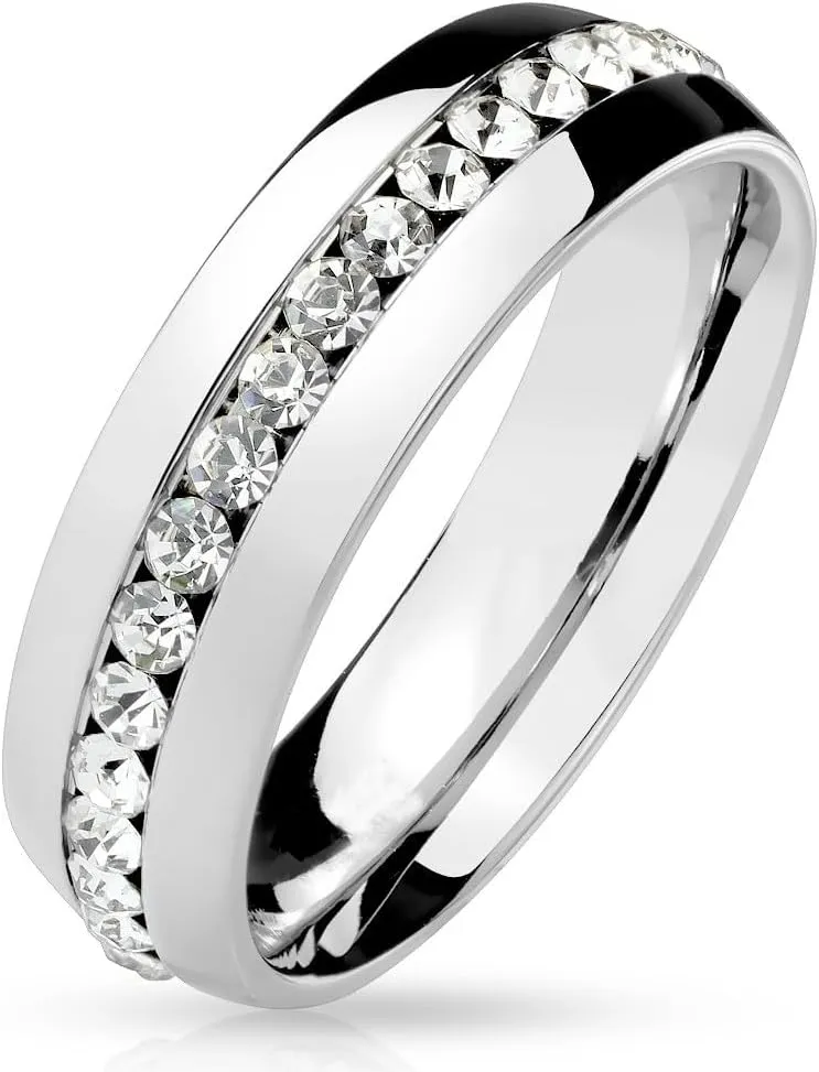 Men Women's Clear CZ All Around Eternity Ring Silver Gold Black Plated Stainless Steel Dome Ring Band