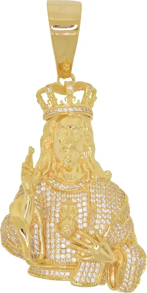 Men's 10k Gold Round Cut Cubic Zirconia Iced Jesus with Crown Pendant, 2.80" x 1.40"
