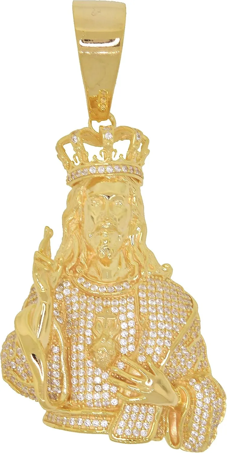 Men's 10k Gold Round Cut Cubic Zirconia Iced Jesus with Crown Pendant, 2.80" x 1.40"