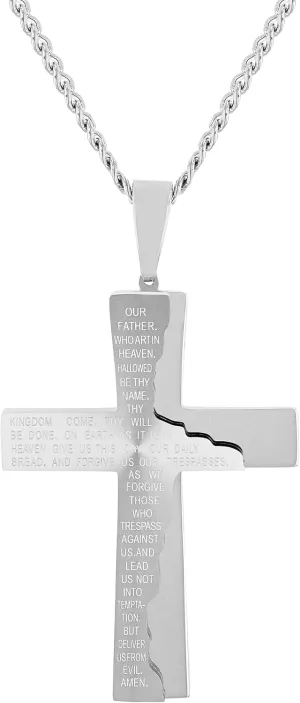 Mens Cross Necklace Chain Stainless Steel Jewelry 24" Chain with Pendant Lords Prayer for Men Choice of Colors