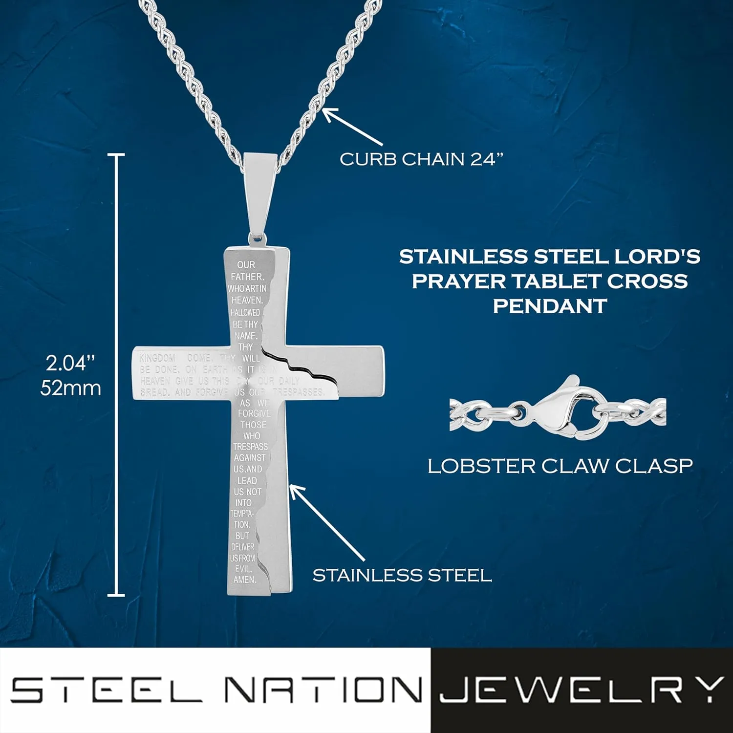 Mens Cross Necklace Chain Stainless Steel Jewelry 24" Chain with Pendant Lords Prayer for Men Choice of Colors