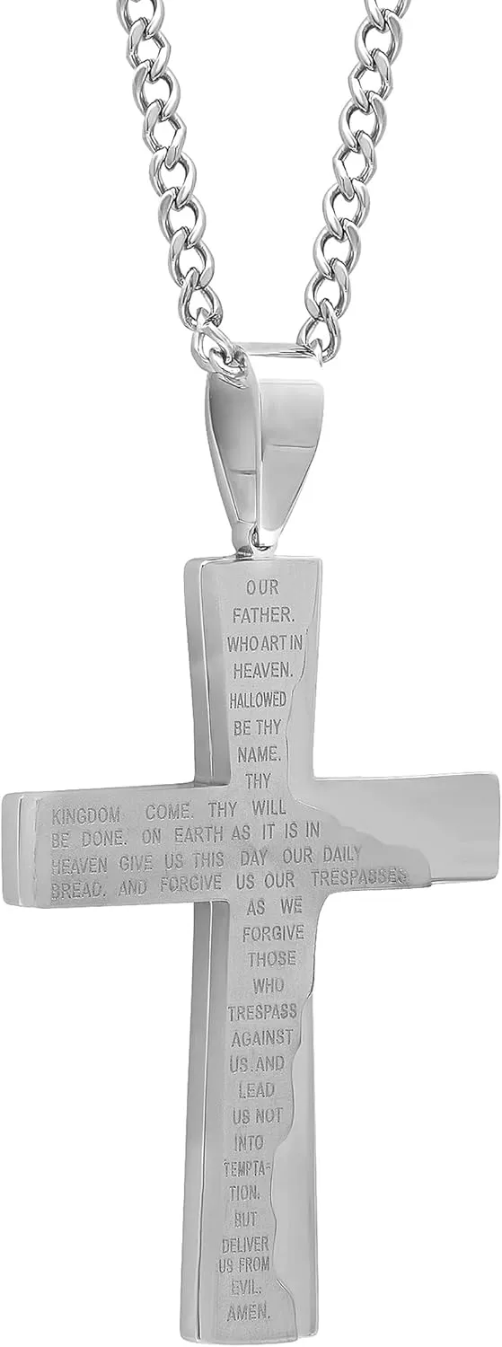 Mens Cross Necklace Chain Stainless Steel Jewelry 24" Chain with Pendant Lords Prayer for Men Choice of Colors