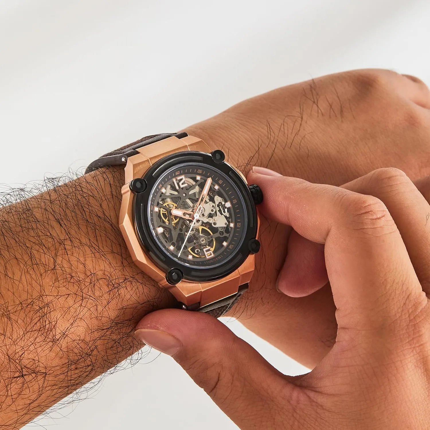 Men's Luxury Automatic Mechanical Skeleton Watch, 47mm Silver Case, Brown Leather Strap, Water Resistant, No Battery Needed, Pure Mechanical Power