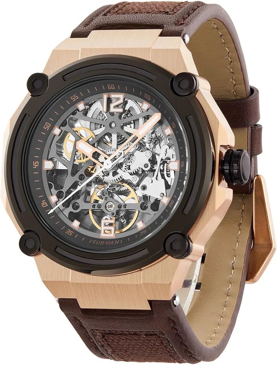 Men's Luxury Automatic Mechanical Skeleton Watch, 47mm Silver Case, Brown Leather Strap, Water Resistant, No Battery Needed, Pure Mechanical Power