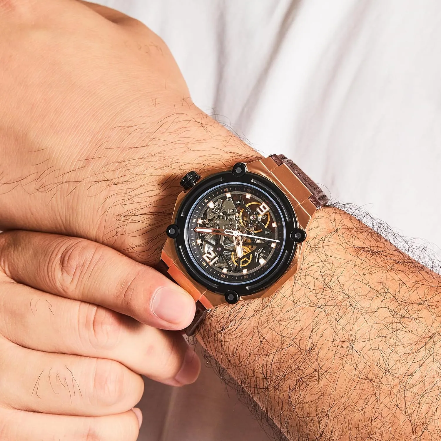 Men's Luxury Automatic Mechanical Skeleton Watch, 47mm Silver Case, Brown Leather Strap, Water Resistant, No Battery Needed, Pure Mechanical Power