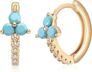 MEVECCO Gold Huggie Hoop Earrings 18K Gold Plated Turquoise Flower CZ Hoop Earrings Minimalist Handmade Earrings for Women