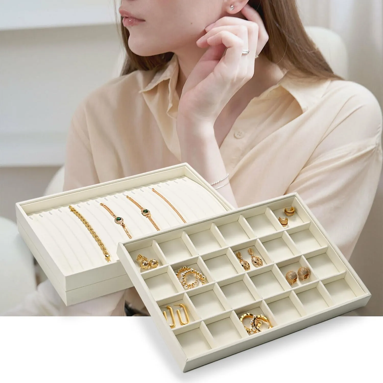 Microfiber Necklace Bracelet Tray Jewelry Tray Necklace Bracelet Holder Organizer (Beige)