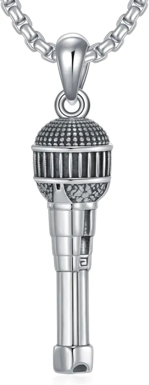 Microphone Necklace 925 Sterling Silver Microphone Pendant Jewelry for Men Women, w/Stainless Steel Chain 22'' 2''