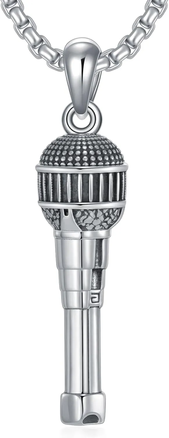 Microphone Necklace 925 Sterling Silver Microphone Pendant Jewelry for Men Women, w/Stainless Steel Chain 22'' 2''