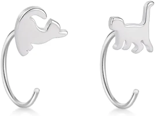 Mini Cat Half Hoop Earrings for Women 925 Sterling Silver Tiny Pet Wrap Cartilage Tragus Piercing Small Stud Cuff Nose Ring Huggie Fake Hoops Earring Minimalist Jewelry Gifts Hypoallergenic