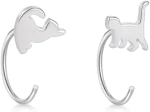 Mini Cat Half Hoop Earrings for Women 925 Sterling Silver Tiny Pet Wrap Cartilage Tragus Piercing Small Stud Cuff Nose Ring Huggie Fake Hoops Earring Minimalist Jewelry Gifts Hypoallergenic