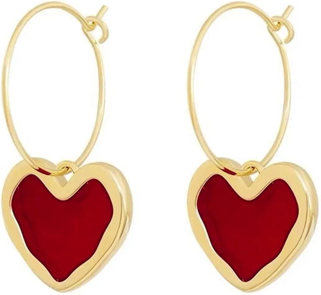 Minimalist Red Heart Hoop Earrings Gold Plated Dainty Charm Enamel Love Heart Small Lightweight Dangle Drop Earrings for Women Birthday Prom Party Holiday Valentines Day Fashion Jewelry Gifts