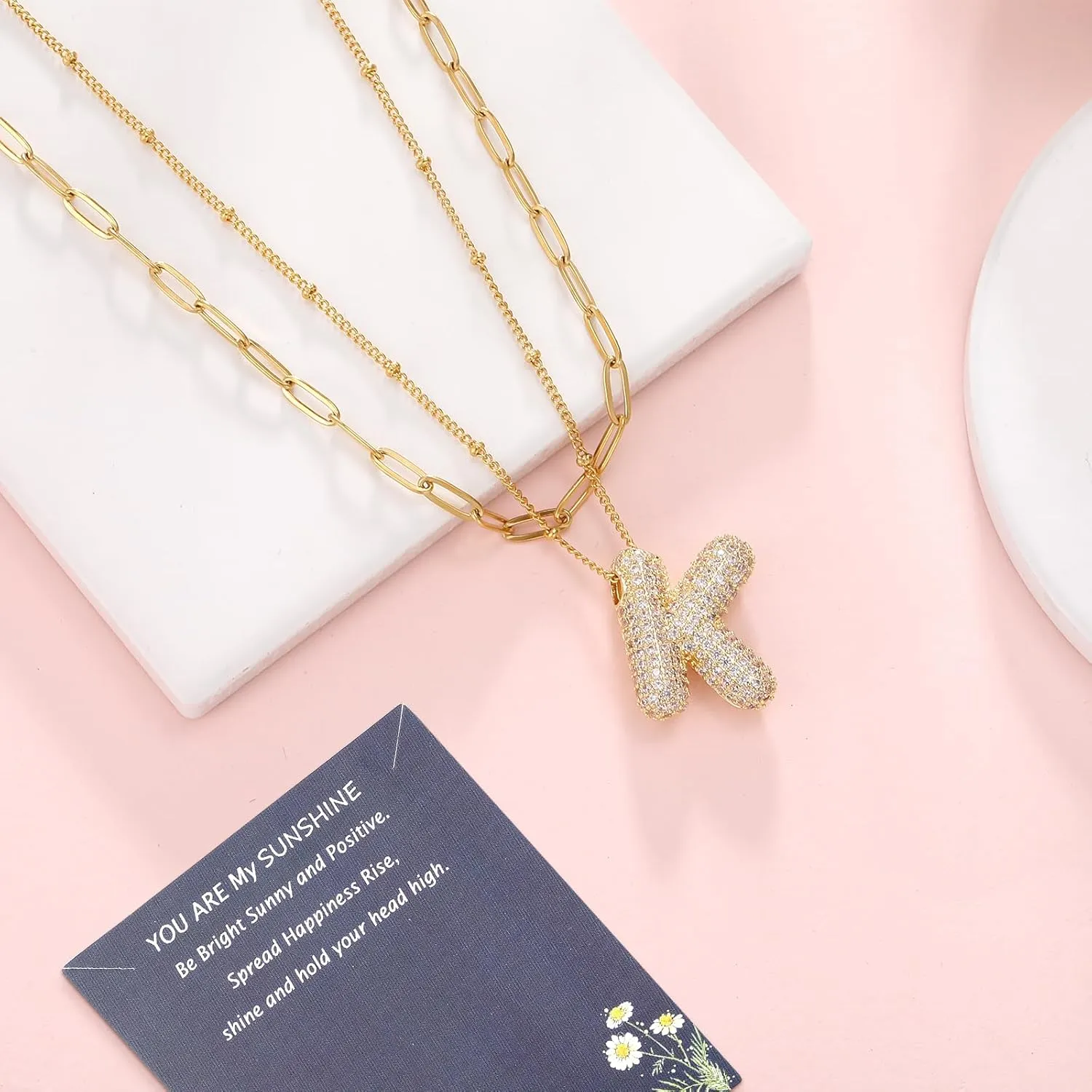 MJartoria Letter Necklace Gold for Women, Layered Balloon Cubic Zirconia Initial Pendant Necklace, Trendy Dainty Chain Letter Necklace Jewelry Birthday Gifts