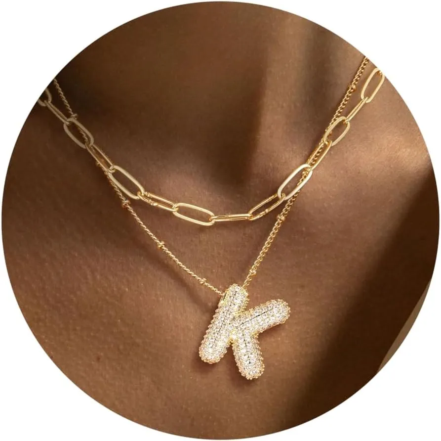 MJartoria Letter Necklace Gold for Women, Layered Balloon Cubic Zirconia Initial Pendant Necklace, Trendy Dainty Chain Letter Necklace Jewelry Birthday Gifts