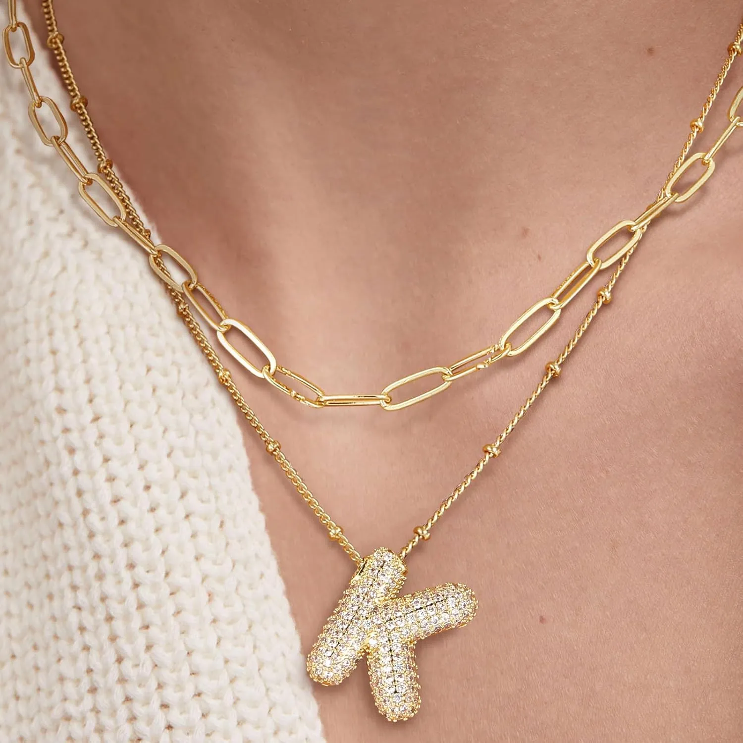 MJartoria Letter Necklace Gold for Women, Layered Balloon Cubic Zirconia Initial Pendant Necklace, Trendy Dainty Chain Letter Necklace Jewelry Birthday Gifts