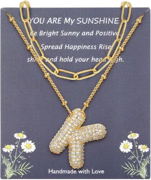MJartoria Letter Necklace Gold for Women, Layered Balloon Cubic Zirconia Initial Pendant Necklace, Trendy Dainty Chain Letter Necklace Jewelry Birthday Gifts