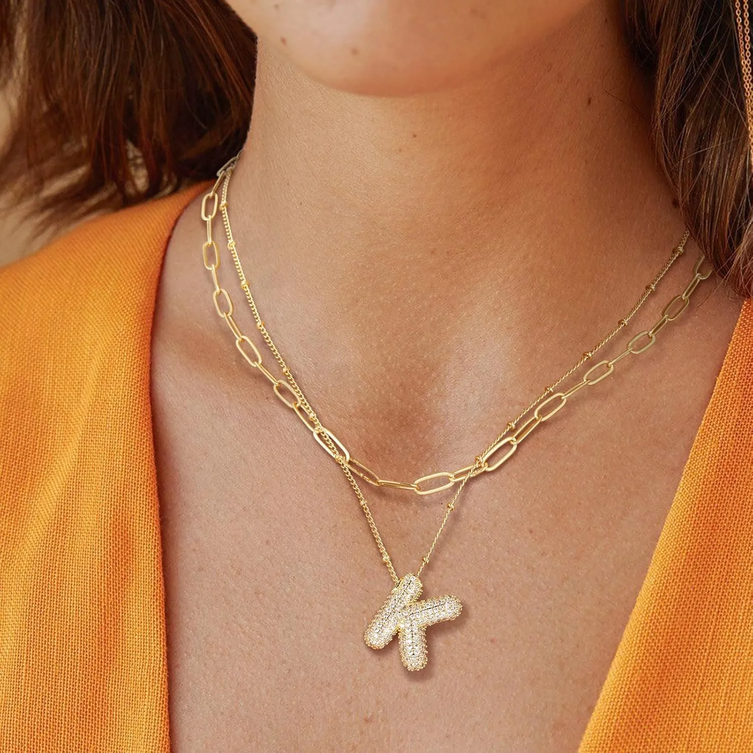 MJartoria Letter Necklace Gold for Women, Layered Balloon Cubic Zirconia Initial Pendant Necklace, Trendy Dainty Chain Letter Necklace Jewelry Birthday Gifts