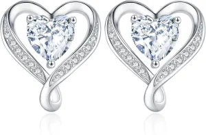 Moissanite Heart Stud Earrings for Women, 0.6-3 Cts Lab Created Diamond 18K White Gold Plated 925 Sterling Silver Studs, Anniversary Present for Wife Women, Jewelry Birthday Gift for Girlfriend