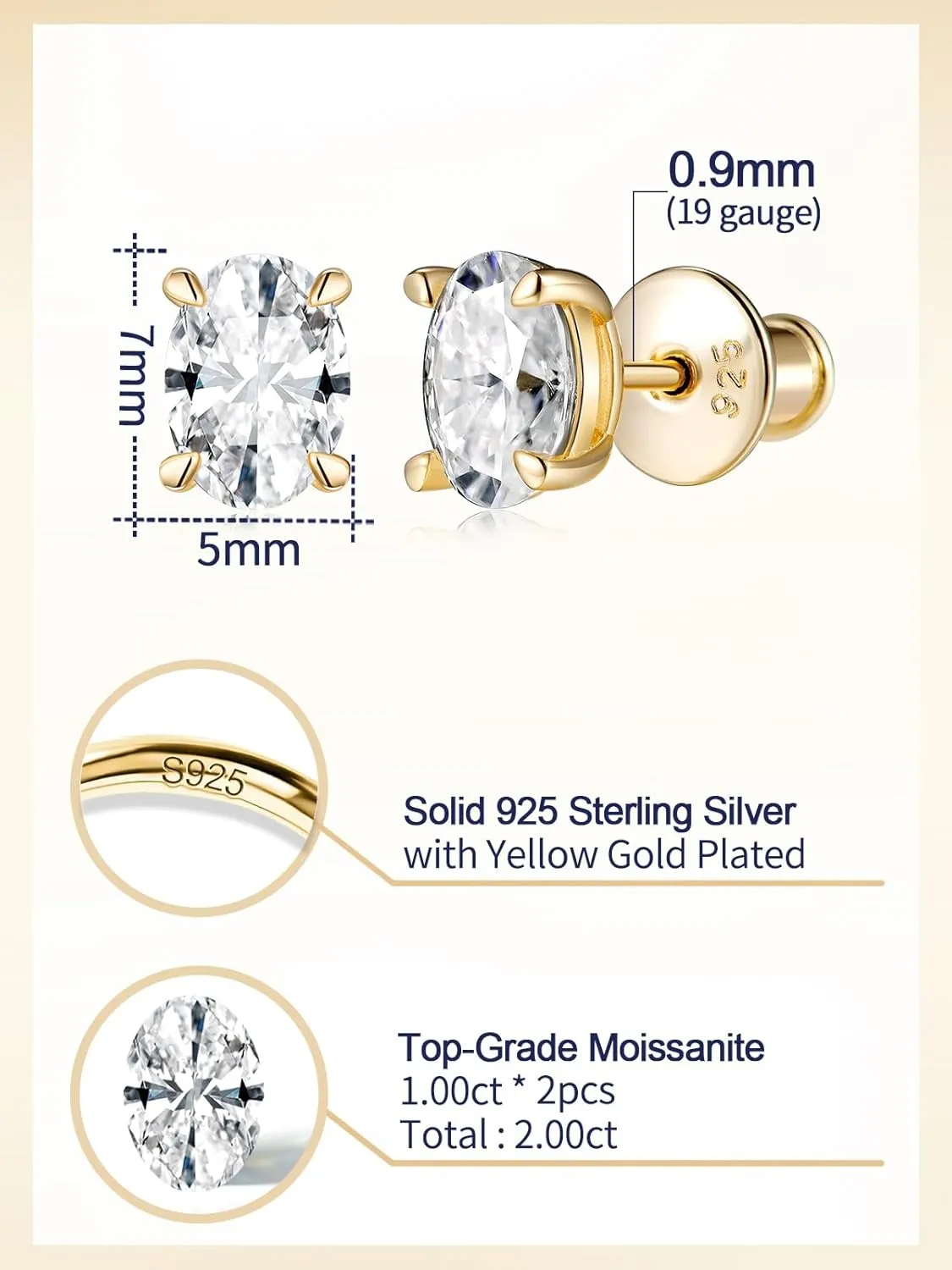 Moissanite Sparkle Stud Earrings for Women, 2-4 Carat, Oval Cut/Pear Cut/Radiant Cut, Solid 925 Sterling Silver Hypoallergenic, Birthday Valentines Anniversary Mother's Day Ideal Gift for Her