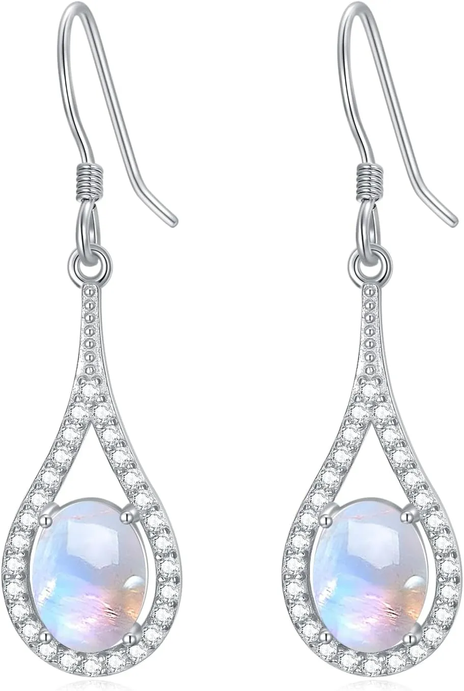 Moonstone Earrings 925 Sterling Silver Hook Earrings Oval Rainbow Moonstone Dangle Drop Earrings Jewelry Gift for Women