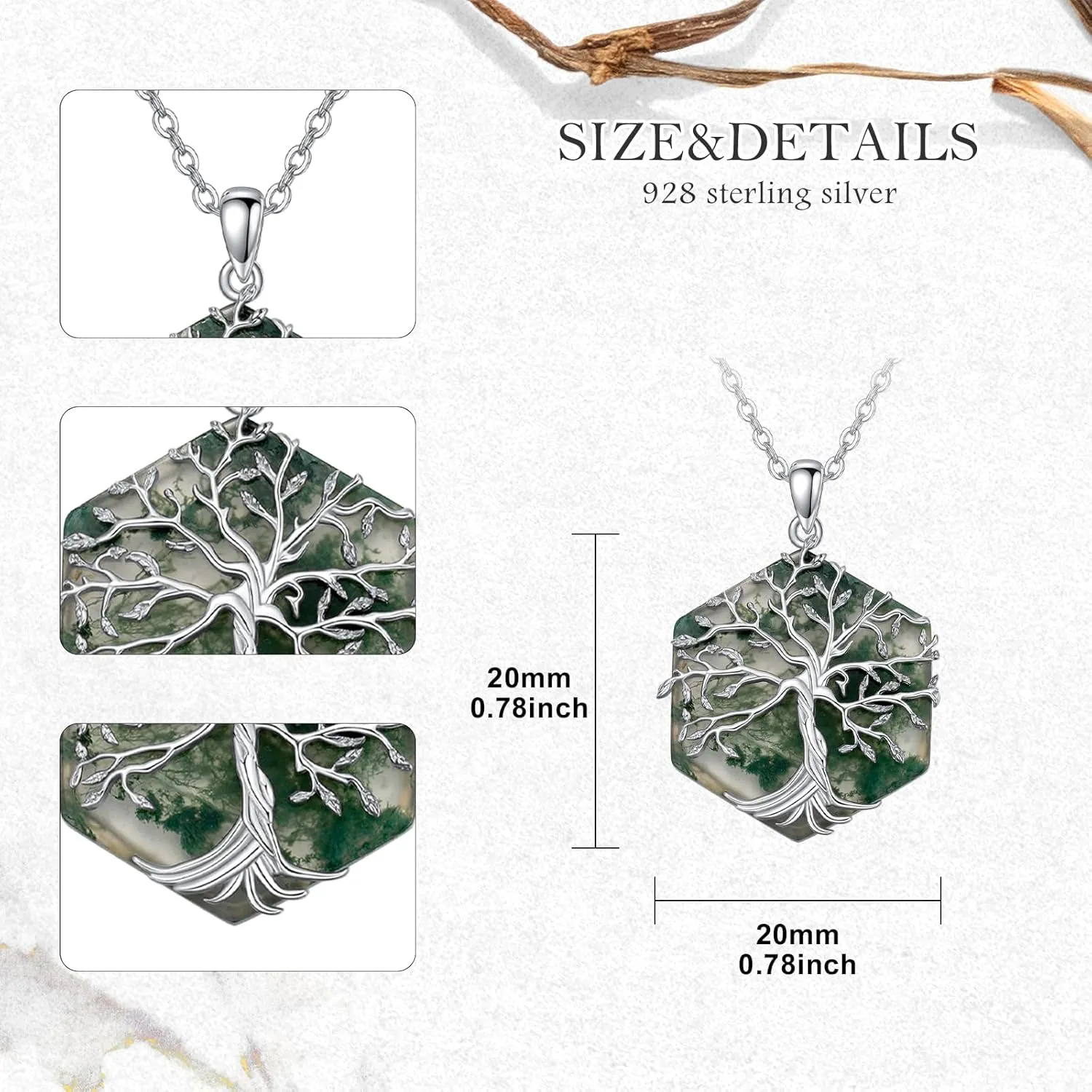 Moss Agate Tree of Life Necklace Sterling Silver Tree of Life Necklace for Women Moss Agate Pendant Necklace Hexagon/Oval/Heart/Coffin/Pear Shape Best Gift for Birthday