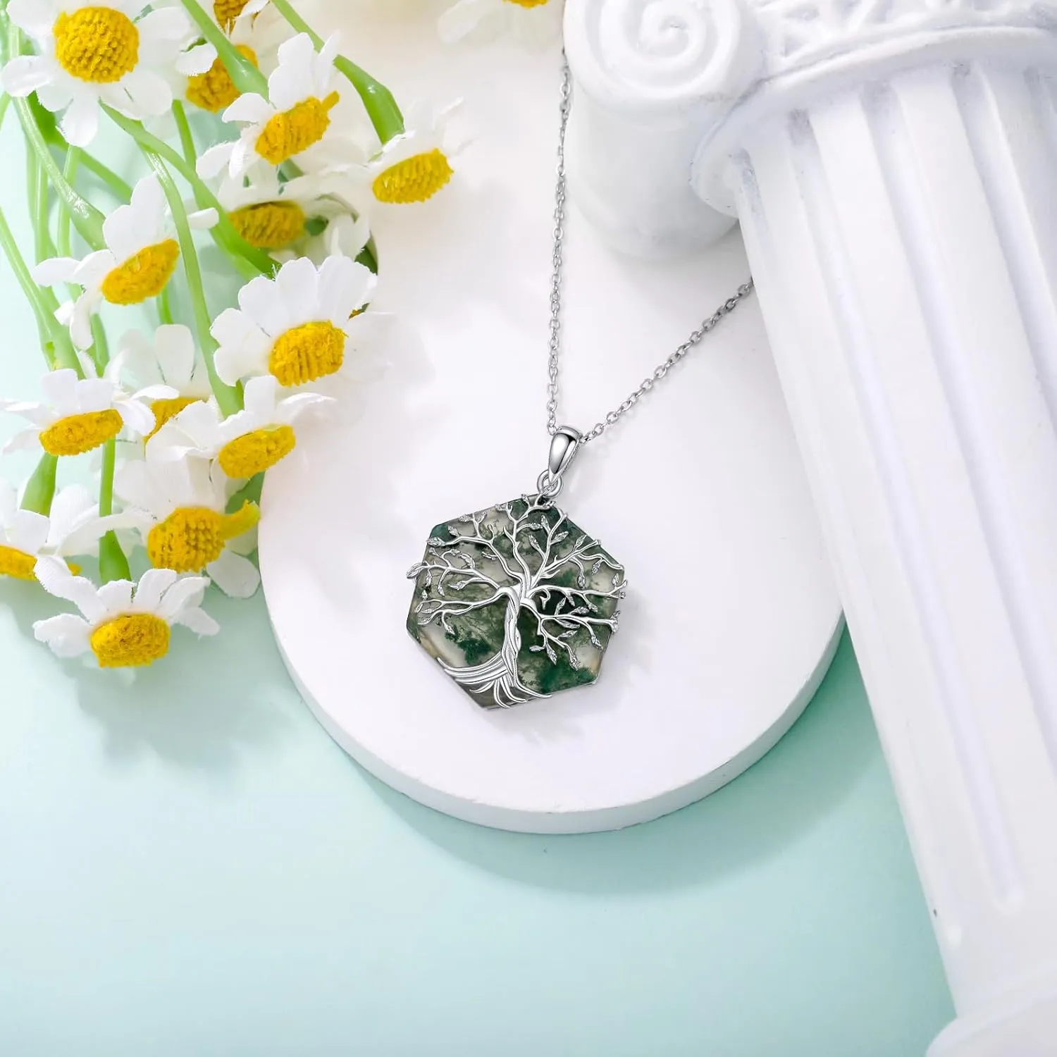 Moss Agate Tree of Life Necklace Sterling Silver Tree of Life Necklace for Women Moss Agate Pendant Necklace Hexagon/Oval/Heart/Coffin/Pear Shape Best Gift for Birthday