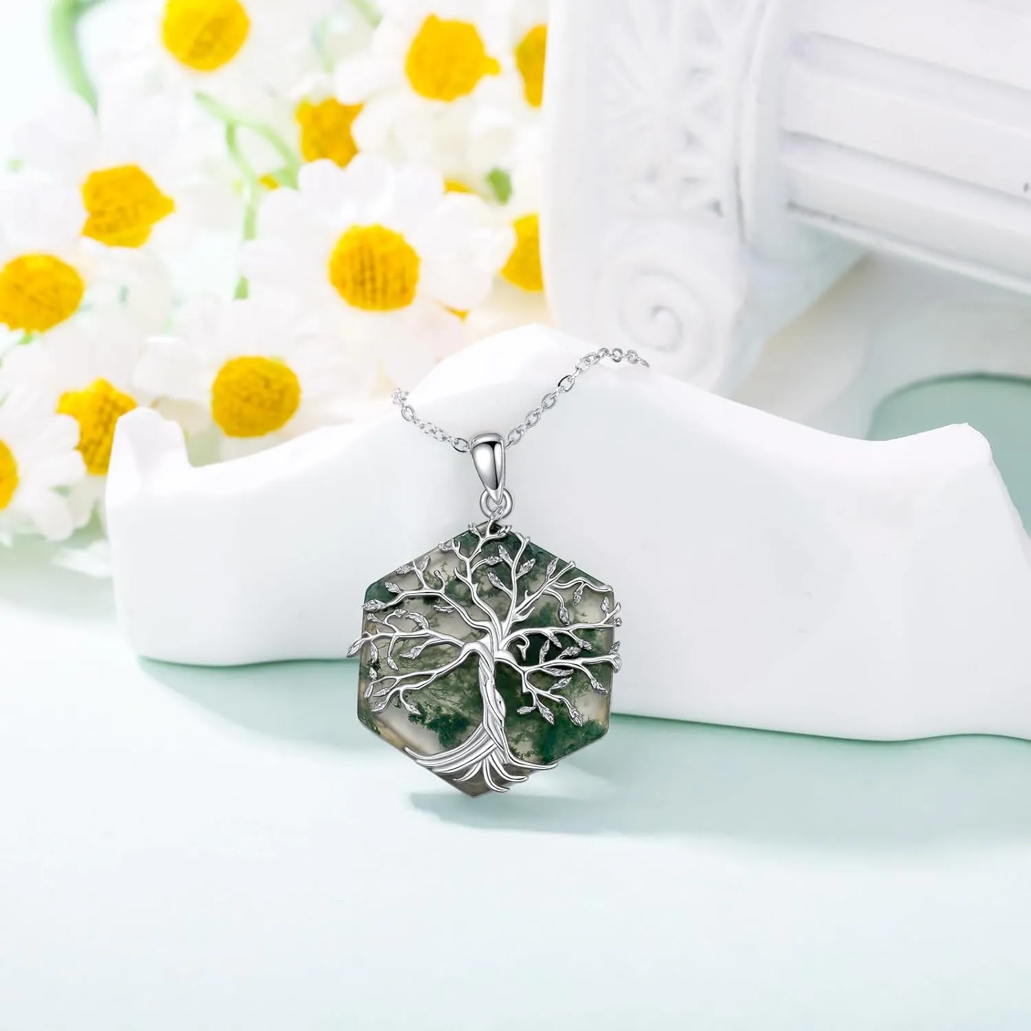 Moss Agate Tree of Life Necklace Sterling Silver Tree of Life Necklace for Women Moss Agate Pendant Necklace Hexagon/Oval/Heart/Coffin/Pear Shape Best Gift for Birthday