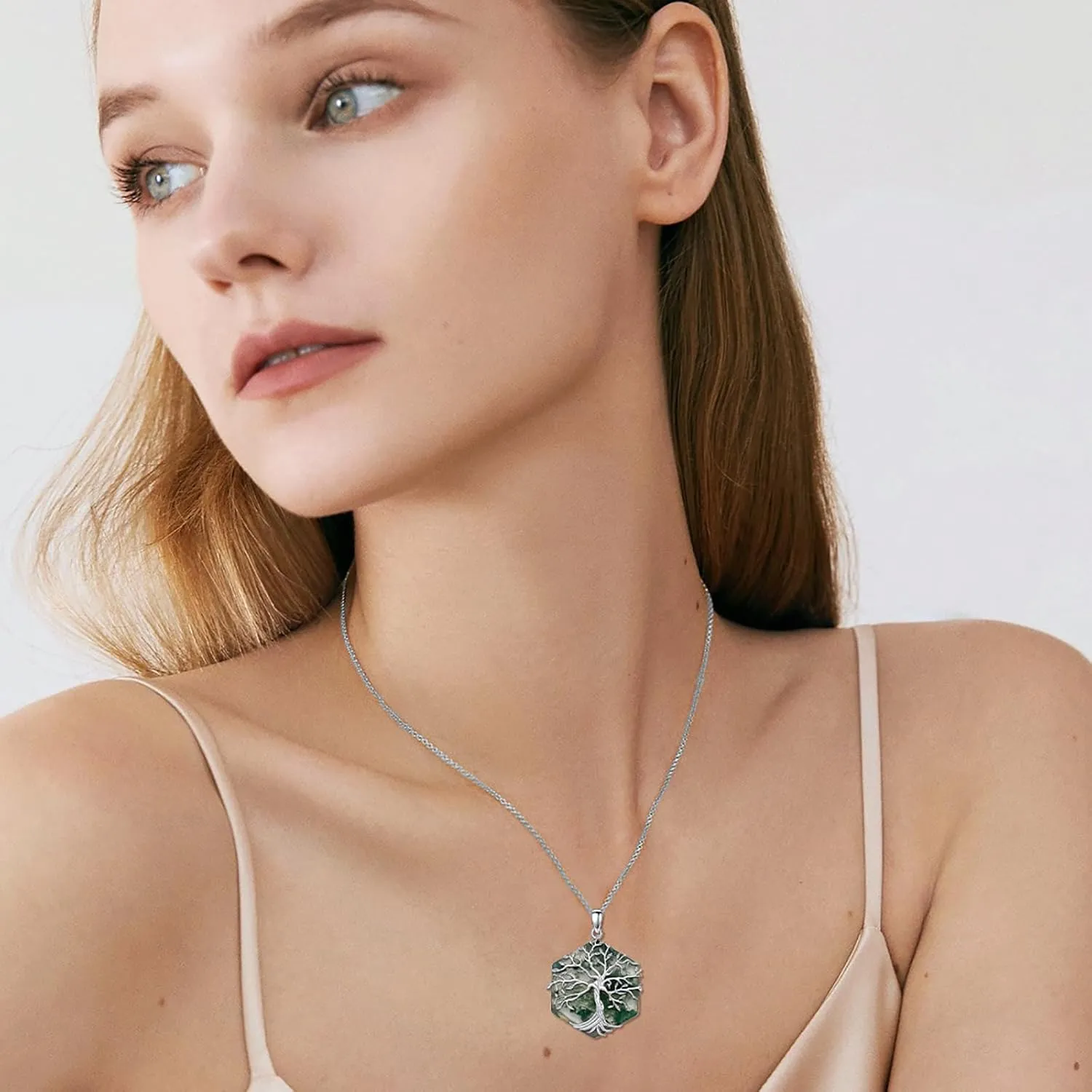 Moss Agate Tree of Life Necklace Sterling Silver Tree of Life Necklace for Women Moss Agate Pendant Necklace Hexagon/Oval/Heart/Coffin/Pear Shape Best Gift for Birthday