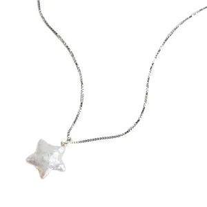 Natural Baroque Pearl Necklace for Women, Star Shaped Pearl Necklace Jewelry Pentagram Baroque Pearl Jewelry Gift for Mom Lover Her (925 Sterling Silver)