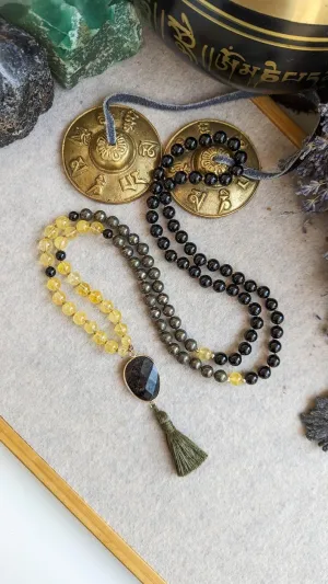 Natural CITRINE, PYRITE, AND TOURMALINE 8mm 108 Mala Beads, Spiritual, Meditation Beads, Reiki, Japa Mala, Buddhist Prayer Beads, Yoga Bracelet, healing beads LKMALA-RRGU-118