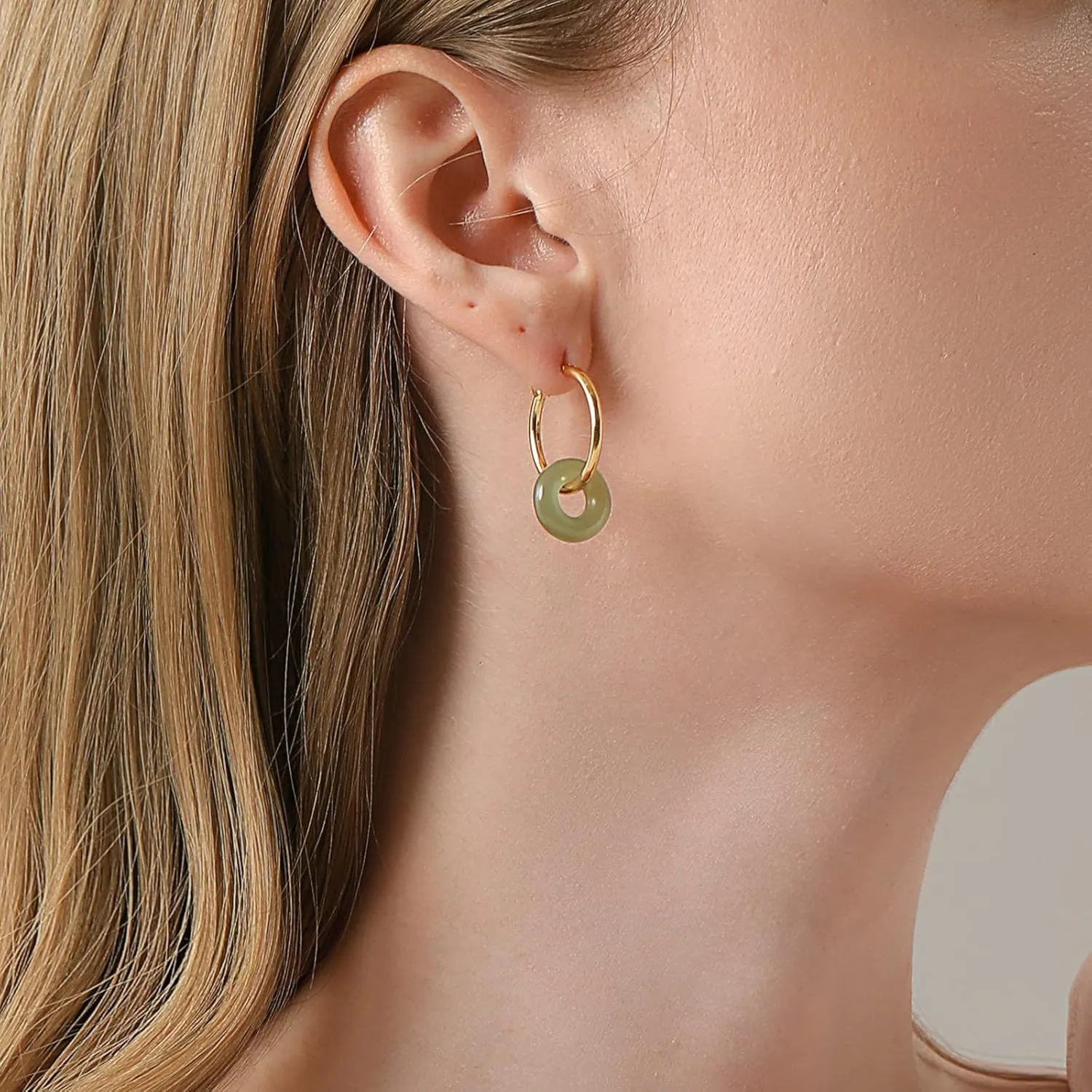 Natural Green Hetian Jade Dangle Hook Big Hoop Earrings Minimalist Circle Jade Drop Earrings 14K Gold Jewelry Birthday Gift for Women Girl